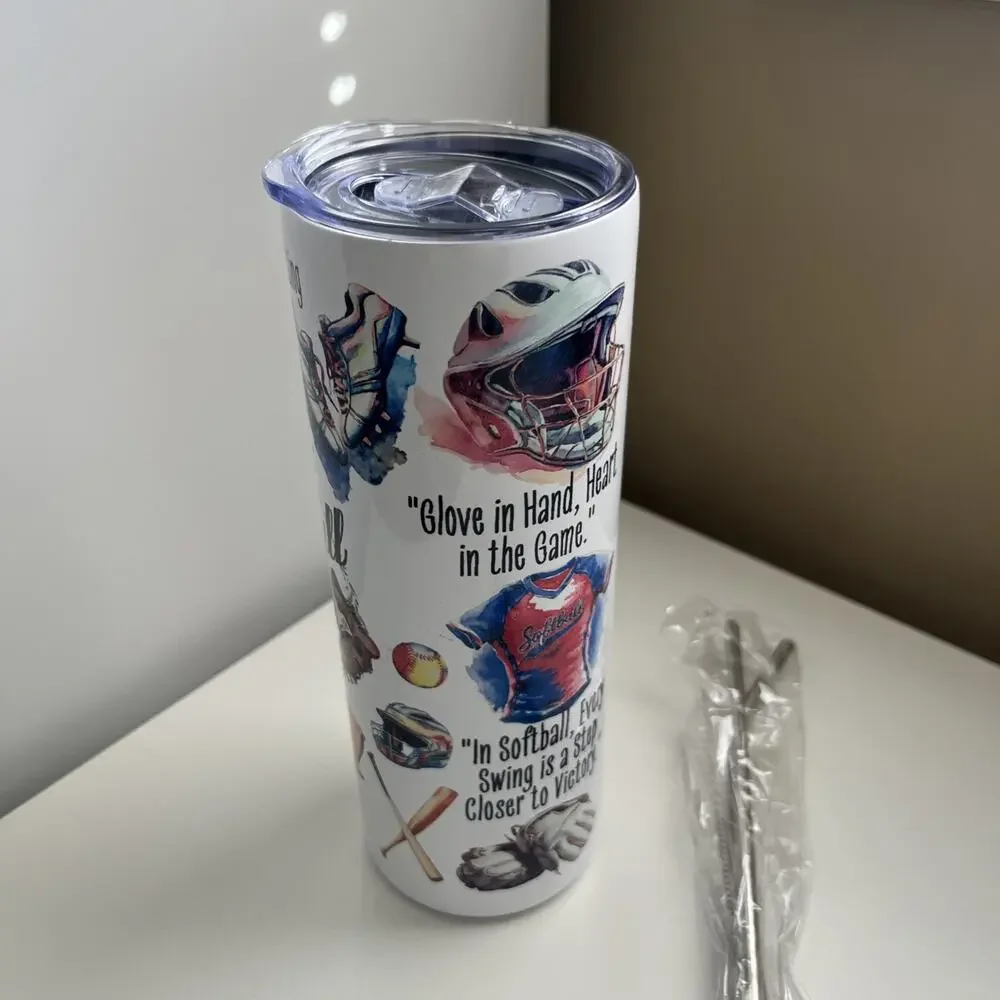 Custom Printed 20oz Tumbler Softball Design With Lid Straws And Straw Cleaner